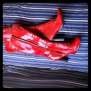 Red shiny pleather boots hardly worn
